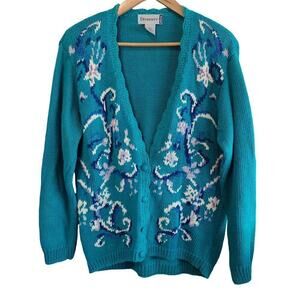 Vintage Diversity Cardigan Womens Large Petite Blue Floral Embroidered 90s Knit